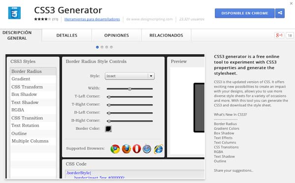 Extensiones Google Chrome para programadores: CSS3 Generator