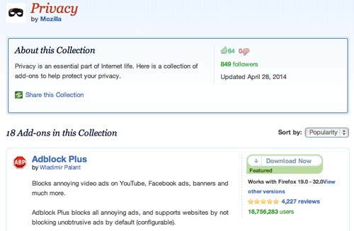 Colección con complementos de Firefox: Privacy