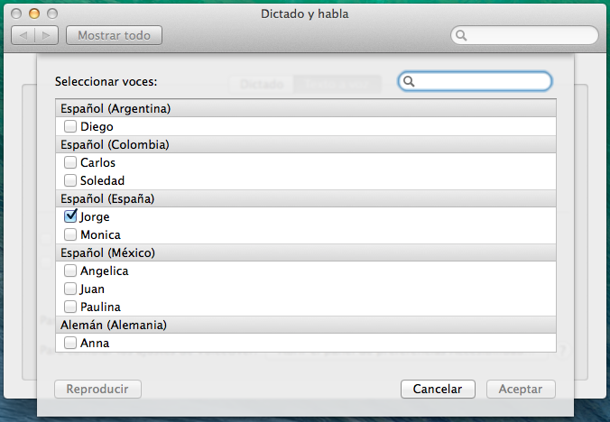 Seleccionar voces - Texto a voz - Mac OSX